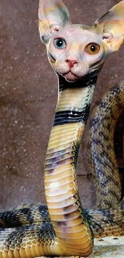 Hybrid creature with cat head and snake body.