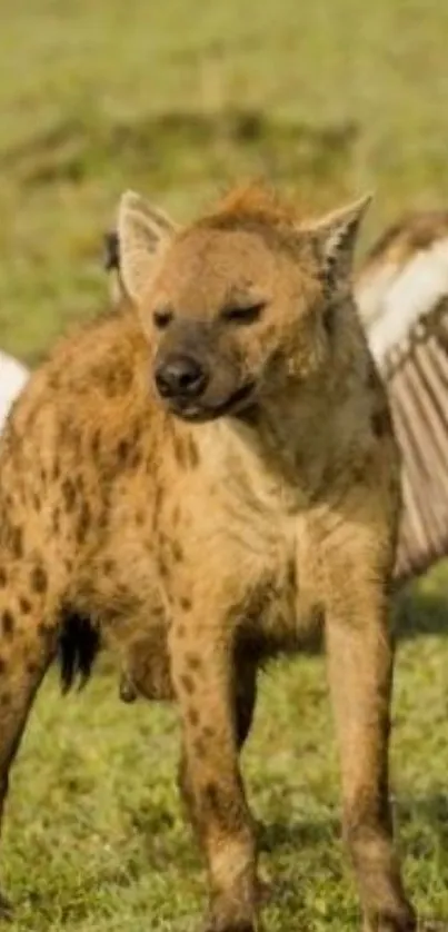 Hyena with vulture wings in a grassland setting.