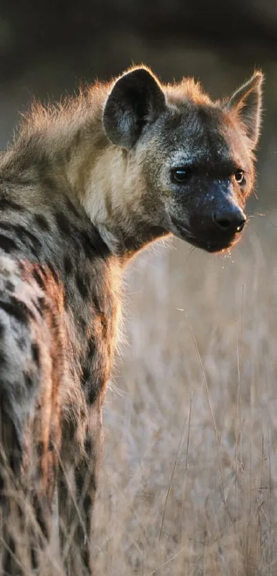 Hyena standing in golden grasslands.