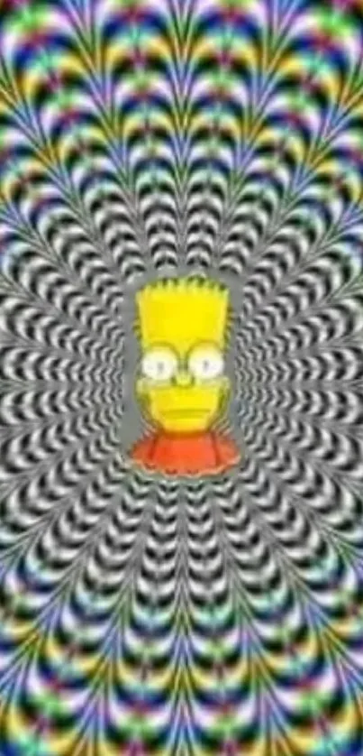 Colorful hypnotic optical illusion with cartoon center.