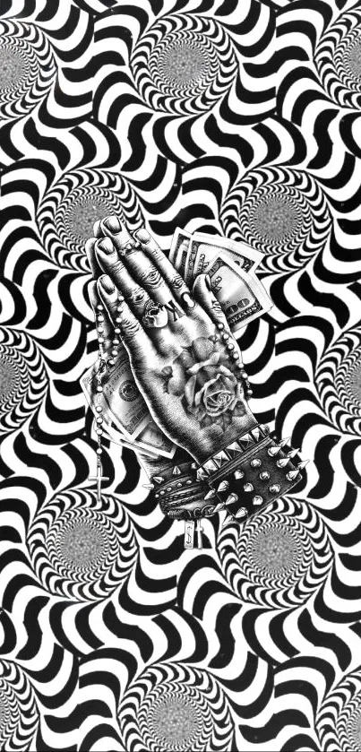 Surreal hypnotic black and white design with intricate hand details.