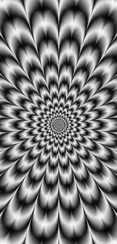 Hypnotic black and white optical illusion pattern wallpaper.