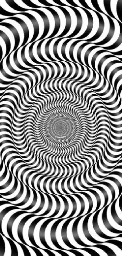 Hypnotic black and white spiral optical illusion wallpaper for mobile.