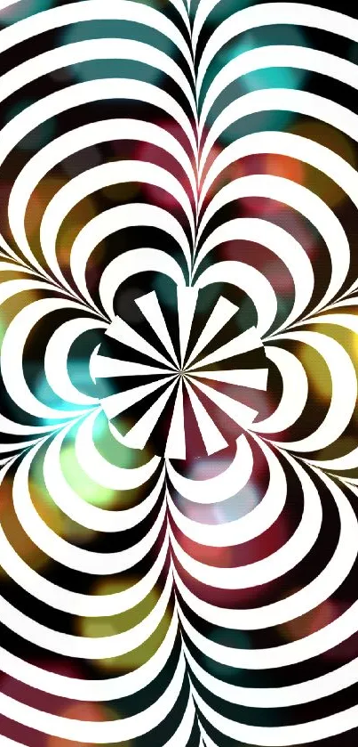 Hypnotic black and white spiral wallpaper with optical illusion effects.