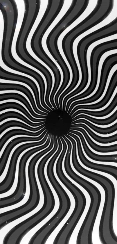 Hypnotic black and white spiral wallpaper with optical illusion effect.