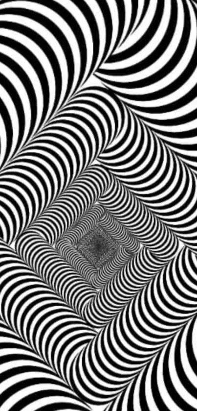 Hypnotic black and white swirl optical illusion wallpaper for mobile.