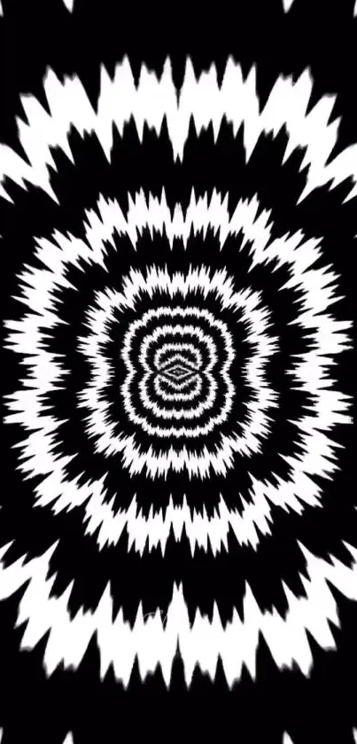 Hypnotic black and white swirl mobile wallpaper with dynamic zigzag design.