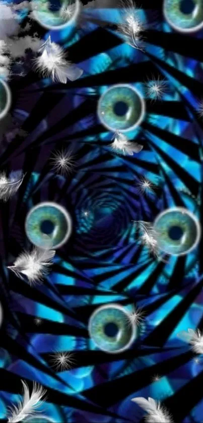 Surreal spiral wallpaper with eyes, feathers, and clouds in blue tones.