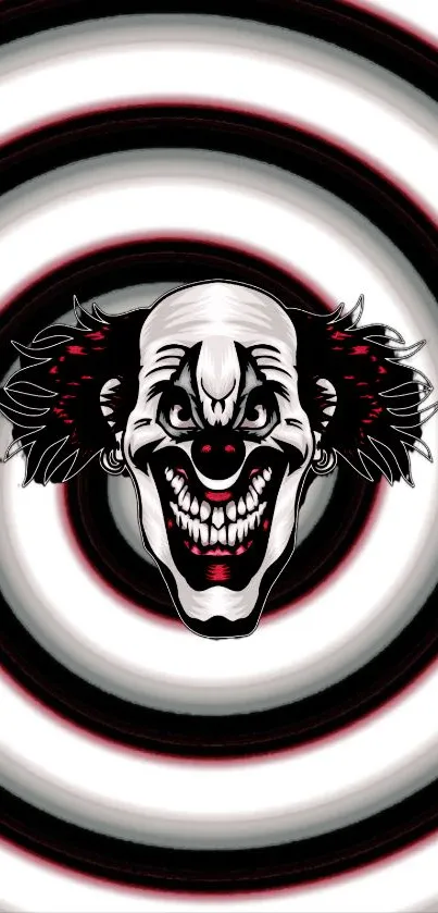 Eerie clown with hypnotic spiral design in black, white, and red for mobile wallpaper.