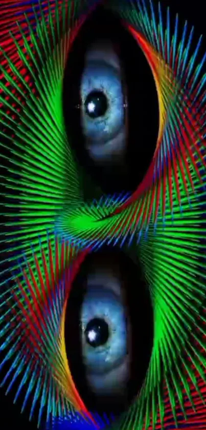 Vibrant hypnotic eyes with colorful spirals on black background.