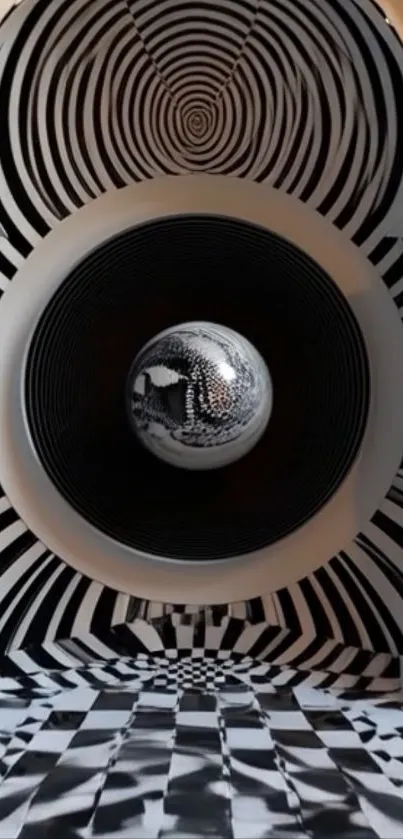 Hypnotic geometric design with black and white stripes.