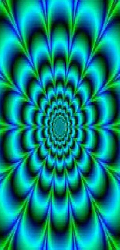 Hypnotic green and blue spiral pattern wallpaper.