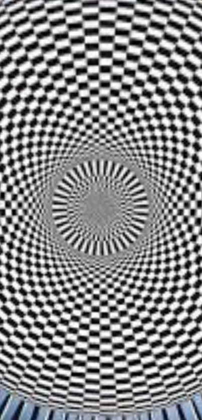 Mesmerizing black and white checkered spiral wallpaper with optical illusion effect.