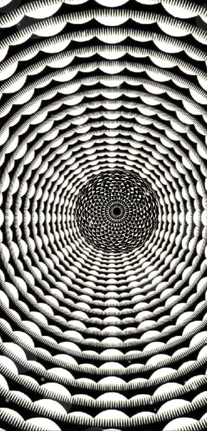 Black and white hypnotic optical illusion wallpaper for mobile devices.