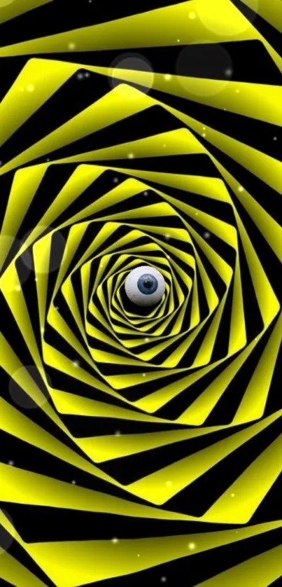 Yellow and black spiral wallpaper with central eye design.