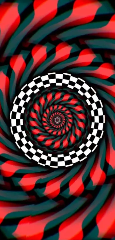 Hypnotic red and black spiral pattern wallpaper.
