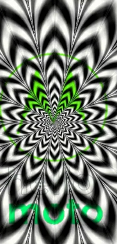 Black and white spiral wallpaper with green accents for mobile phones.