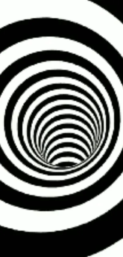 Hypnotic black and white spiral pattern on a mobile wallpaper.