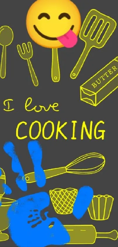Cooking-themed mobile wallpaper with utensils and emoji.