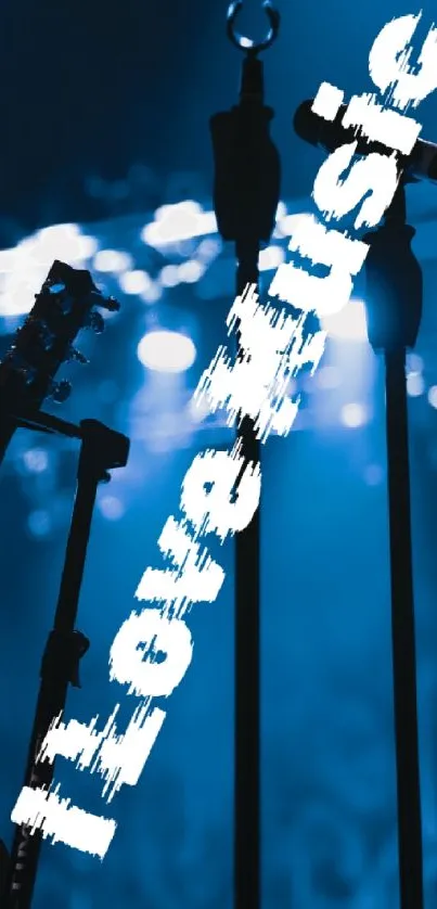 Music-themed phone wallpaper with guitars and mics on a blue-lit stage.