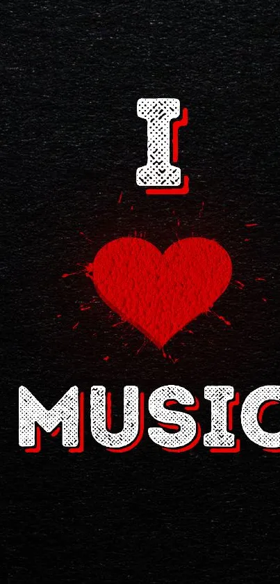 I Love Music wallpaper with red heart on black background.