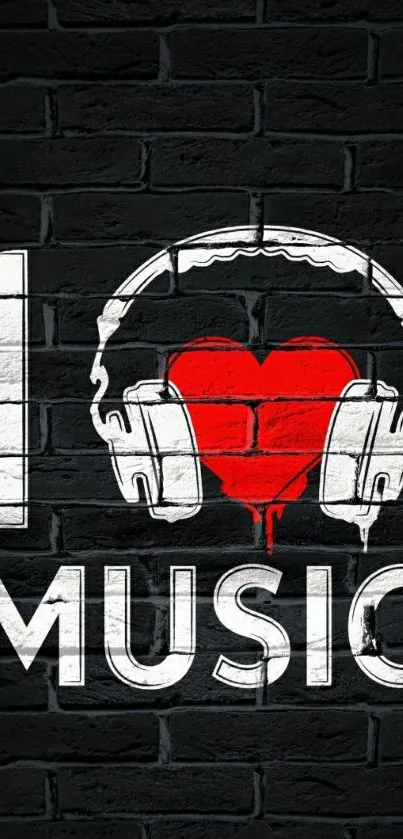 I Love Music wallpaper with a heart and headphones on a brick wall.