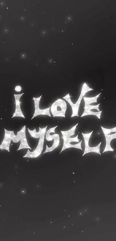 Gothic 'I Love Myself' text on a dark mobile wallpaper.