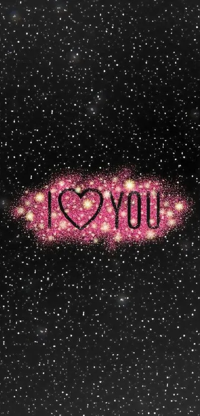 I Love You glitter wallpaper with pink sparkles and black starry background.