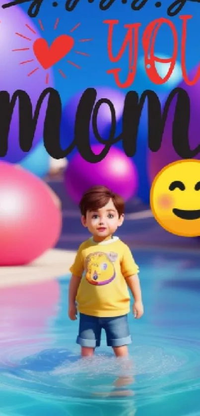 Colorful 'I Love You Mom' wallpaper with a child and emojis.