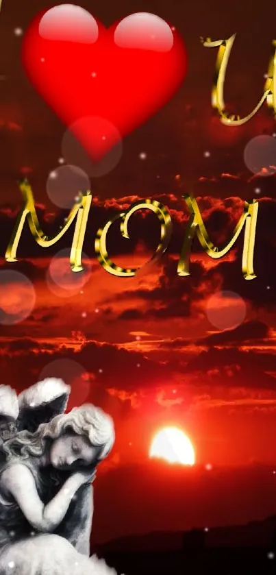 Heartfelt 'I Love You Mom' wallpaper with angel and sunset.