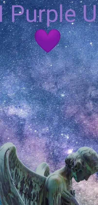 I Purple U wallpaper with starry sky and angel statue.