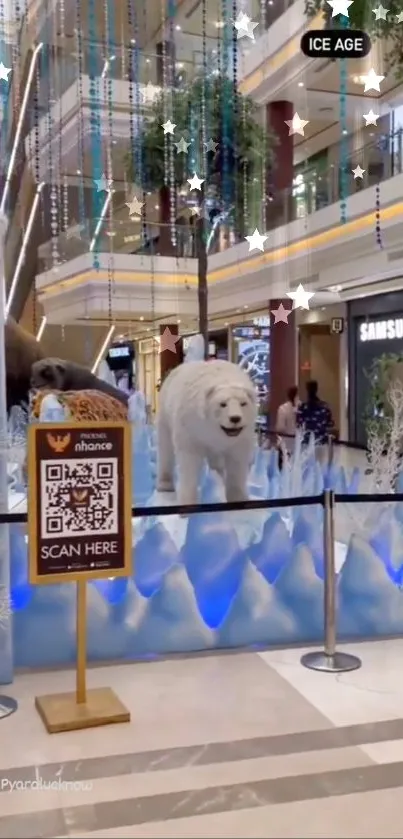 Ice Age themed mall display with polar bear models and icy decorations.