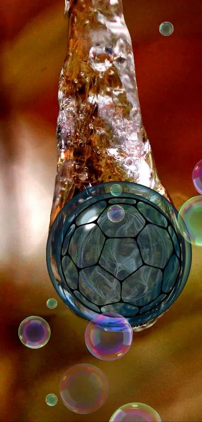 Close-up of ice drop with colorful bubbles popping out.