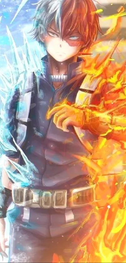 Anime character with ice and fire powers in a striking mobile wallpaper.