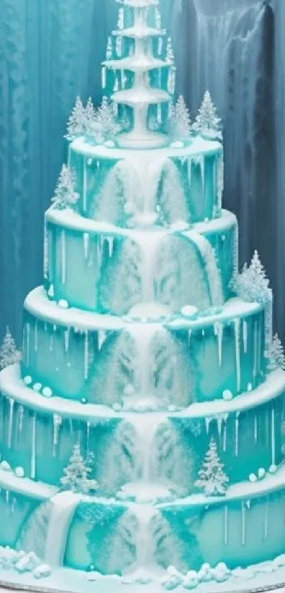 Icy blue cake in a frozen waterfall landscape wallpaper.