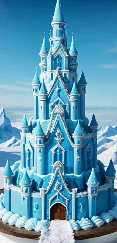 Majestic ice castle with snowy mountain backdrop.