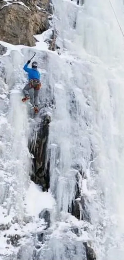 Ice climbing up a rugged frozen waterfall, emphasizing adventure.