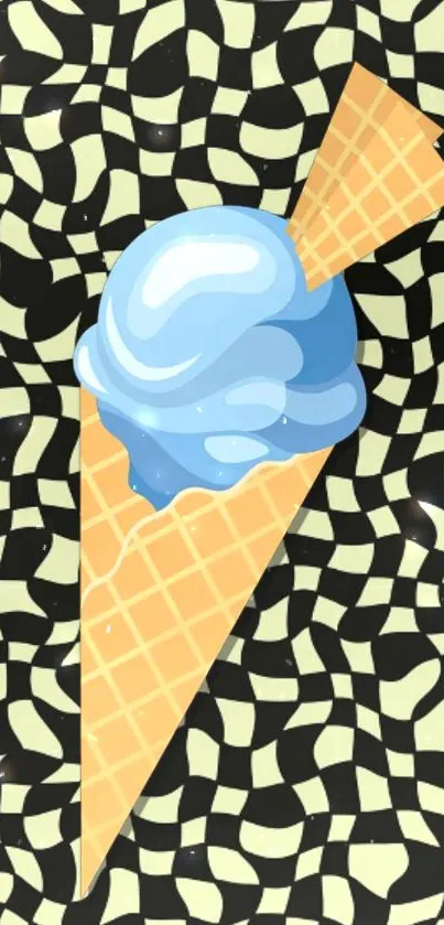 Blue ice cream cone with geometric background design.