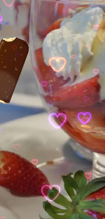 Mobile wallpaper with ice cream, strawberries, and heart motifs.