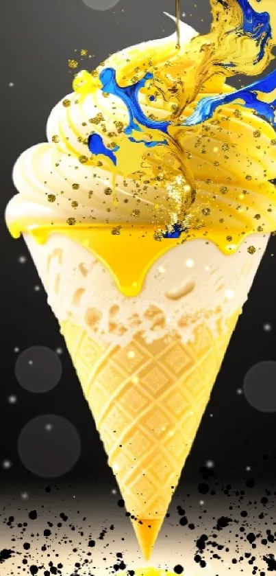 Yellow ice cream cone with blue paint splash on dark background.