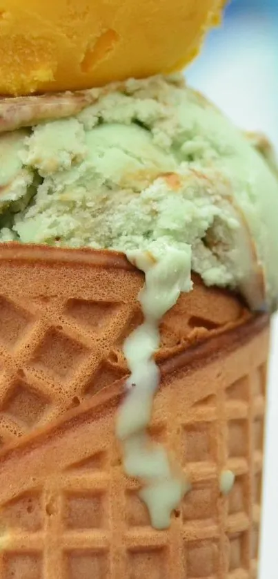A mint and mango ice cream cone with a blue background.