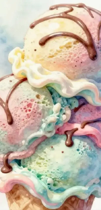 Colorful ice cream cone with chocolate drizzle.