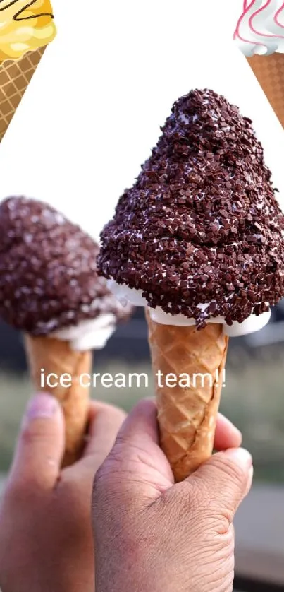 Two hands holding chocolate-dipped ice cream cones with colorful designs.