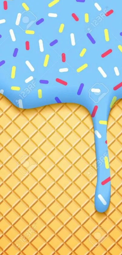 Ice cream cone wallpaper with colorful sprinkles and blue creamy topping.