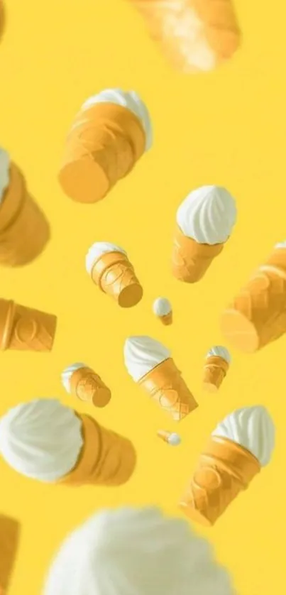 Vibrant yellow wallpaper with falling ice cream cones.