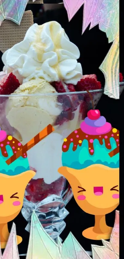 Vibrant ice cream sundae with cartoon elements on mobile wallpaper.