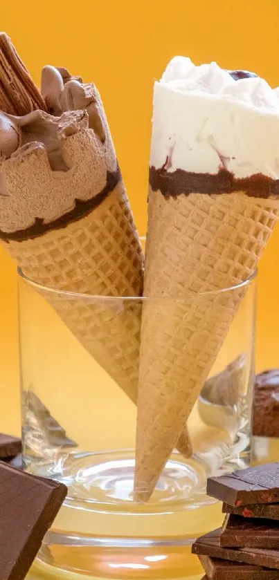 Ice cream cones in glass with chocolate bars on yellow background