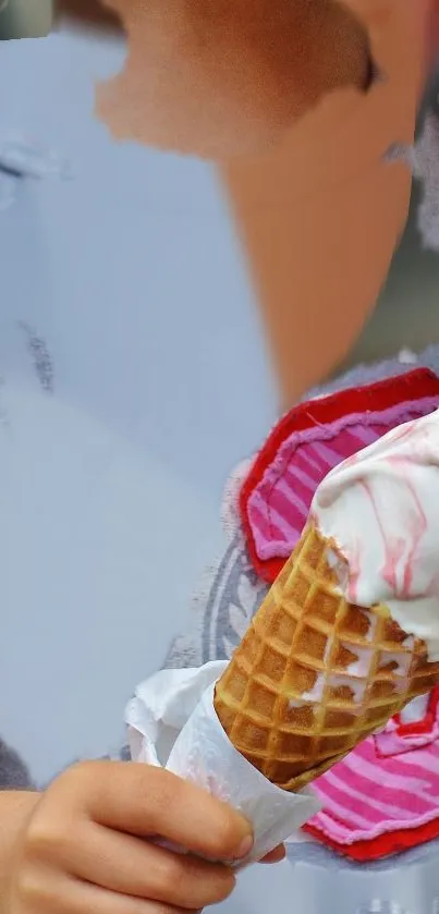 Close-up of a hand holding a vibrant ice cream cone against a blurred background.