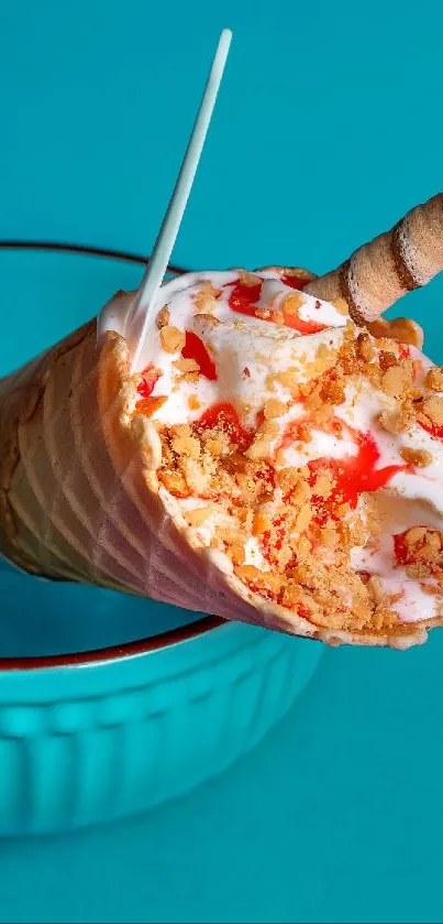 Delicious ice cream cone with toppings on teal background.