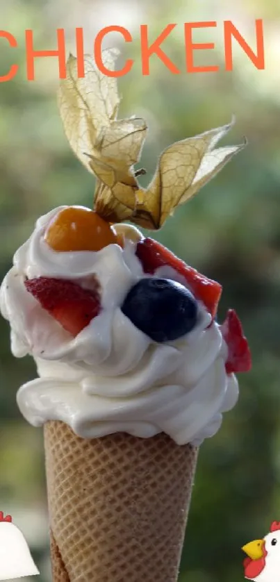 Ice cream cone with berries and blurred background.